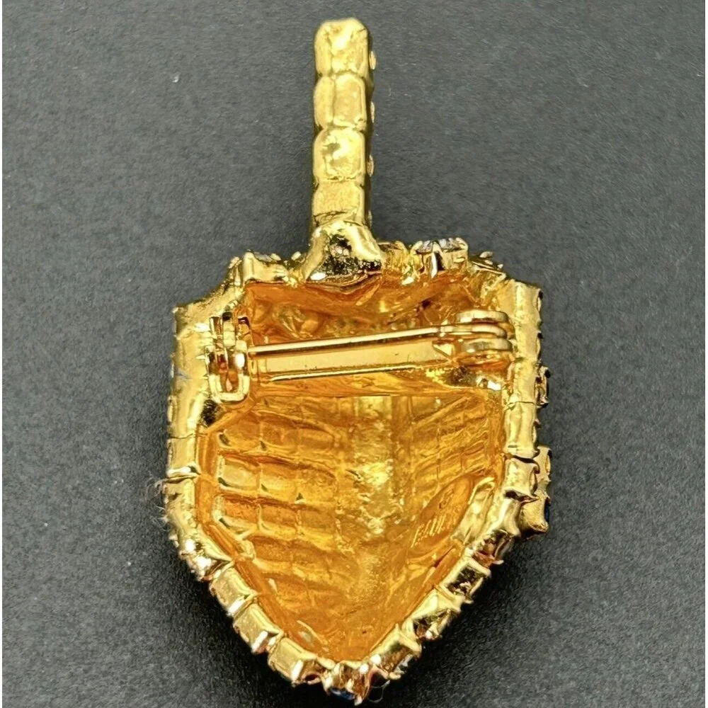 Vintage Bauer Brooch Pin Dreidel Gold Tone Clear Blue Rhinestones Bling 3D